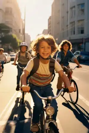 enfants qui visitent une ville à l'étranger en vélo